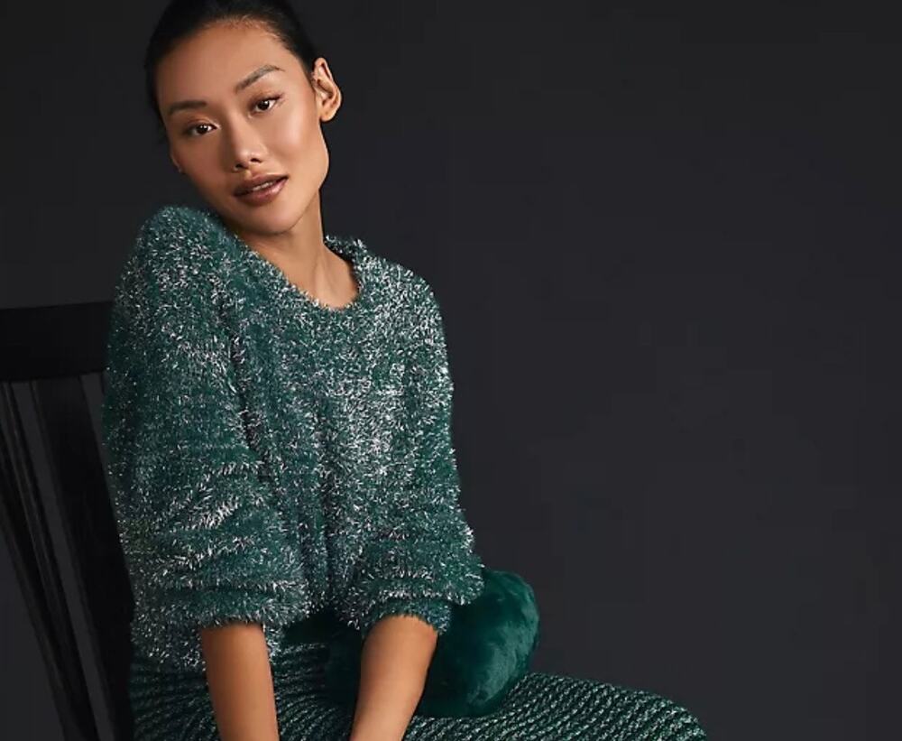 Maeve Anthropologie 3X Sparkle Tinsel Green Metallic Eyelash Sweater
